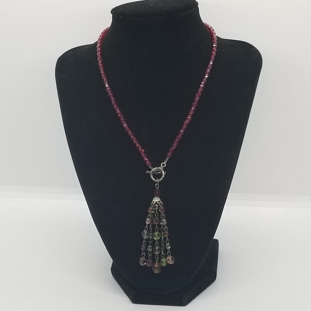 red glass bead lariat necklace with multicolor beaded chain tassel